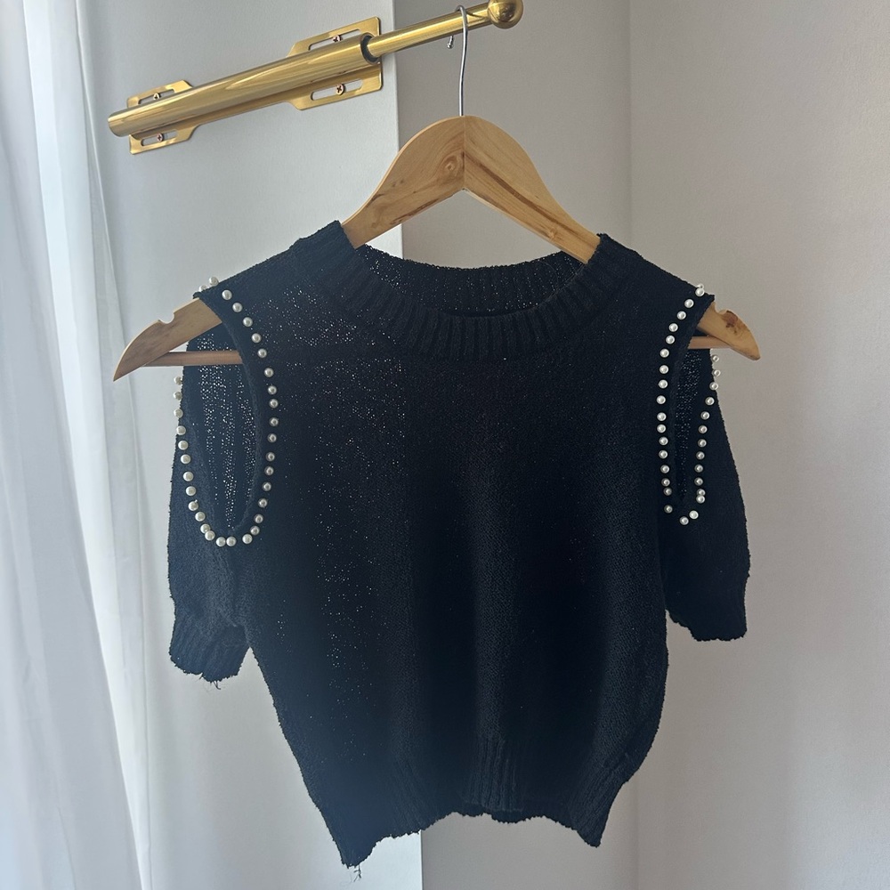 Vintage 90s Black Cold-Shoulder Pearl-Trim Crop Sweater